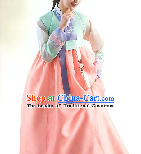 Top Grade Korean National Handmade Wedding Palace Bride Hanbok Costume Embroidered Green Blouse and Orange Dress for Women