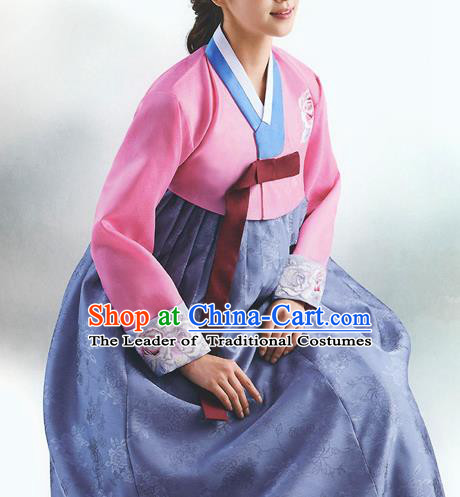 Top Grade Korean National Handmade Wedding Palace Bride Hanbok Costume Embroidered Pink Blouse and Purple Dress for Women