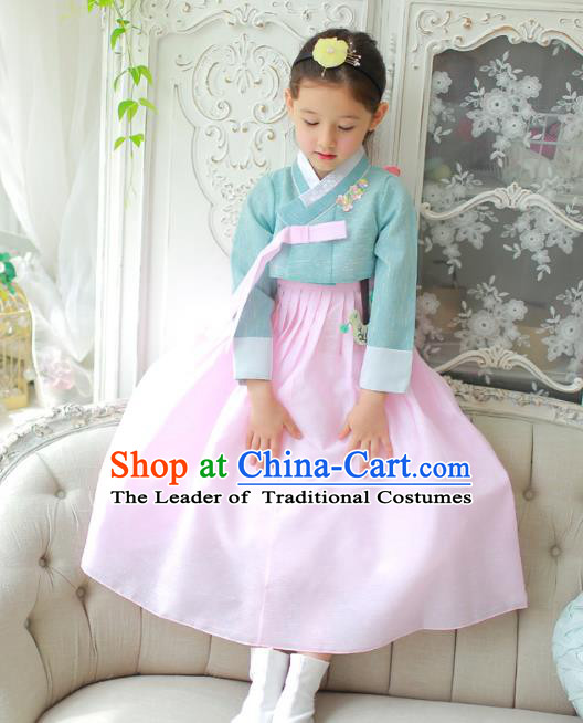 Traditional Korean National Handmade Formal Occasions Girls Clothing Palace Hanbok Costume Embroidered Green Blouse and Pink Dress for Kids