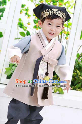 Asian Korean National Traditional Handmade Formal Occasions Boys Embroidery Beige Vest Hanbok Costume Complete Set for Kids