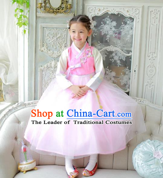 Traditional Korean National Handmade Formal Occasions Girls Clothing Palace Hanbok Costume Embroidered Pink Blouse and Veil Dress for Kids