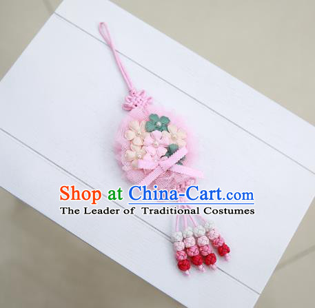 Asian Korean Hanbok Pink Flowers Tassel Waist Decorations, Korean National Belts Accessories Wedding Bride Waist Pendant for Women
