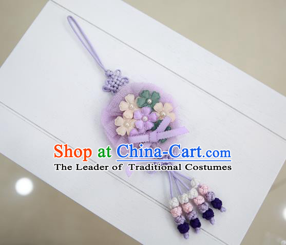 Asian Korean Hanbok Purple Flowers Tassel Waist Decorations, Korean National Belts Accessories Wedding Bride Waist Pendant for Women