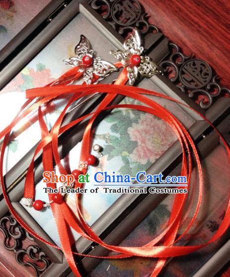 Traditional Chinese Ancient Classical Hair Accessories Butterfly Hair Clip Bride Red Ribbon Tassel Step Shake Hairpins for Women