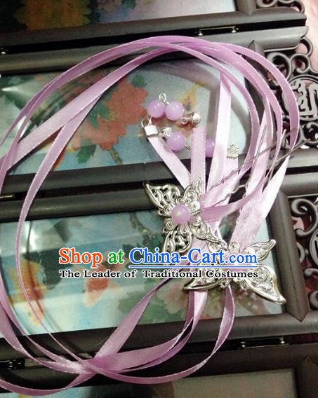 Traditional Chinese Ancient Classical Hair Accessories Butterfly Hair Clip Bride Lilac Ribbon Tassel Step Shake Hairpins for Women