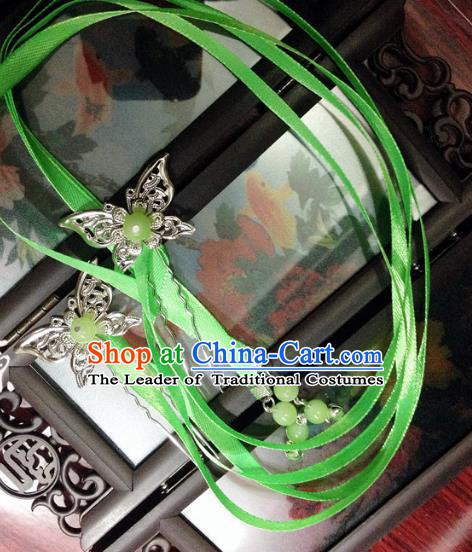 Traditional Chinese Ancient Classical Hair Accessories Butterfly Hair Clip Bride Green Ribbon Tassel Step Shake Hairpins for Women
