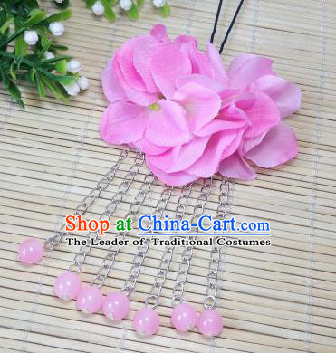 Traditional Chinese Ancient Classical Hair Accessories Pink Flowers Beads Tassel Step Shake Bride Hairpins for Women