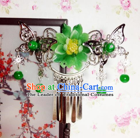 Traditional Chinese Ancient Classical Hair Accessories Princess Green Flower Butterfly Hair Comb Tassel Step Shake Hairpins for Women