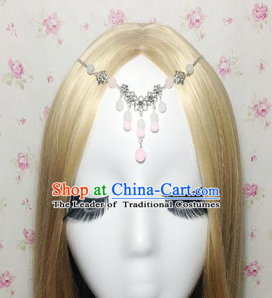 Traditional Chinese Ancient Classical Hair Accessories Hanfu Pink Beads Tassel Forehead Ornament Step Shake Bride Hairpins for Women