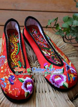 Asian Chinese Traditional Wedding Shoes Red Embroidered Shoes, China Peking Opera Embroidery Phoenix Peony Shoes Hanfu Shoes for Women