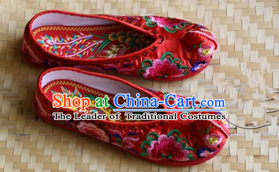 Asian Chinese Traditional Wedding Shoes Red Embroidered Shoes, China Peking Opera Embroidery Peony Become Warped Head Shoe Hanfu Shoes for Women