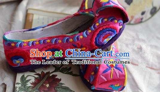 Asian Chinese Traditional Shoes Bride Pink Embroidered Shoes Become Warped Head Shoe, China Peking Opera Handmade Embroidery Lotus Shoe Hanfu Princess Shoes for Women