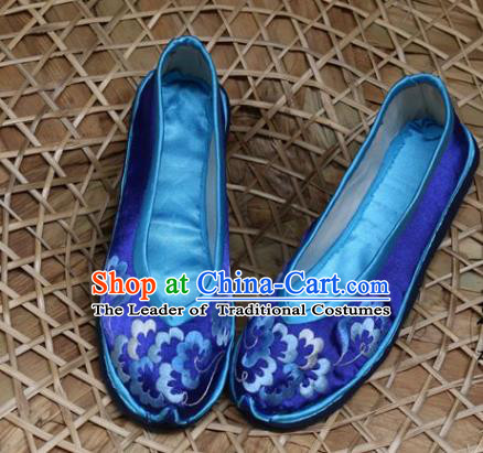 Asian Chinese Traditional Shoes Bride Xiuhe Suit Blue Embroidered Shoes, China Peking Opera Handmade Embroidery Shoe Hanfu Princess Shoes for Women