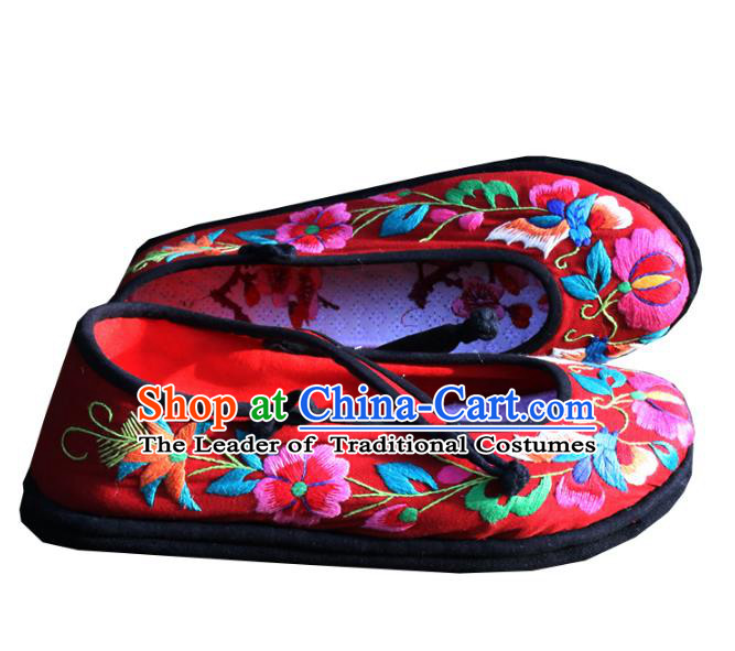 Asian Chinese Traditional Shoes Wedding Bride Red Embroidered Shoes, China Peking Opera Handmade Embroidery Peony Hanfu Shoes for Women