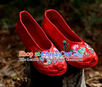 Asian Chinese Traditional Shoes Wedding Embroidered Shoes, China Peking Opera Hand Embroidery Red Shoe Hanfu Princess Shoes for Women