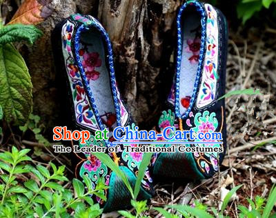 Asian Chinese Traditional Shoes Wedding Bride Black Embroidered Shoes, China Handmade Embroidery Hanfu Become Warped Head Shoe for Women