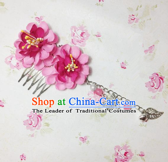 Traditional Chinese Ancient Classical Hair Accessories Hanfu Rosy Flowers Hair Comb Bride Butterfly Tassel Hairpins for Women