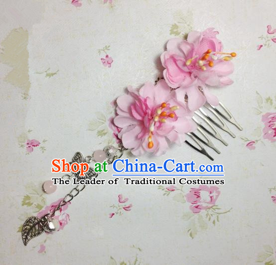 Traditional Chinese Ancient Classical Hair Accessories Hanfu Pink Flowers Hair Comb Bride Butterfly Tassel Hairpins for Women