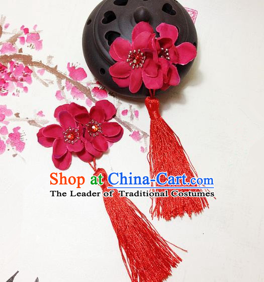 Traditional Chinese Ancient Classical Hair Accessories Hanfu Red Flowers Tassel Hair Stick Bride Hairpins for Women