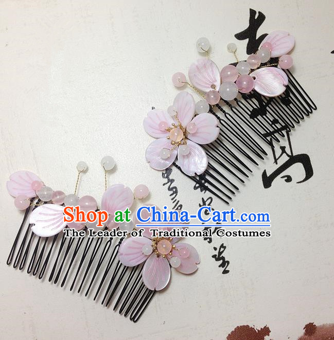 Traditional Chinese Ancient Classical Hair Accessories Hanfu Pink Shell Flower Hair Comb Bride Hairpins for Women