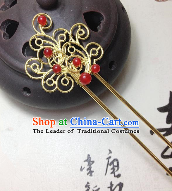 Traditional Chinese Ancient Classical Hair Accessories Hanfu Red Chalcedony Hair Clip Bride Hairpins for Women