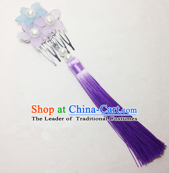Traditional Chinese Ancient Classical Hair Accessories Hanfu Cheongsam Hair Comb Bride Purple Tassel Hairpins for Women