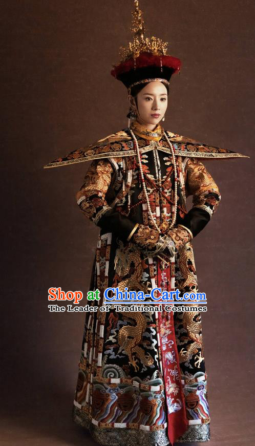 Traditional Ancient Chinese Qing Dynasty Manchu Lady Imperial Empress Embroidered Costume and Headpiece Complete Set