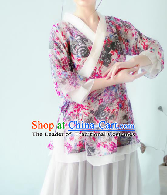 Asian China National Costume Hanfu Slant Opening Printing Flowers Purple Qipao Blouse, Traditional Chinese Tang Suit Cheongsam Shirts Clothing for Women