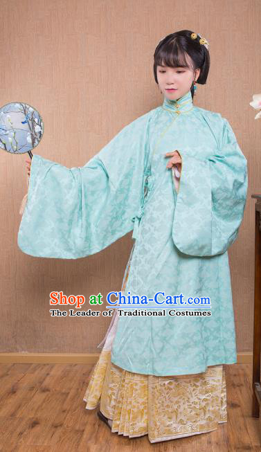 Asian China Ming Dynasty Princess Costume Blue Robe, Traditional Ancient Chinese Palace Lady Embroidered Hanfu Clothing for Women