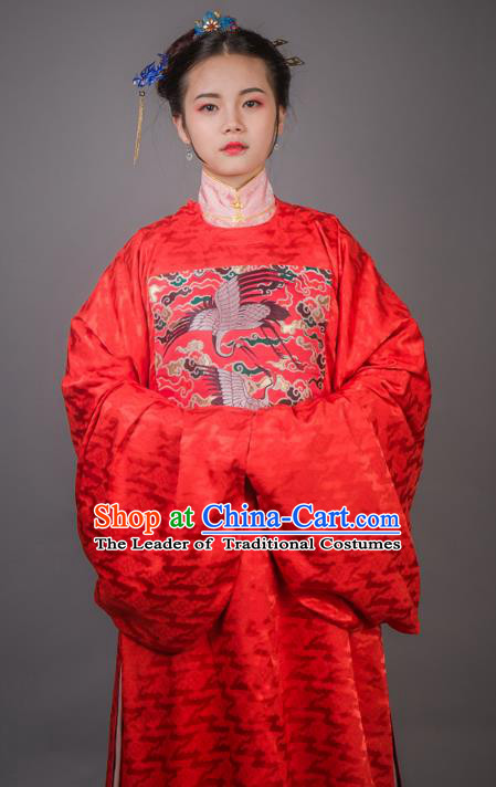 Asian China Ming Dynasty Princess Wedding Costume Red Robe, Traditional Ancient Chinese Palace Lady Embroidered Hanfu Clothing for Women
