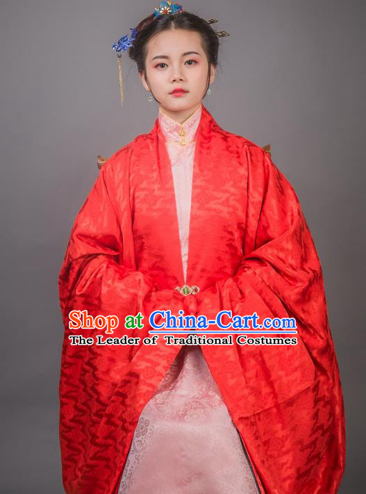 Asian China Ming Dynasty Princess Costume Red Cloak, Traditional Ancient Chinese Palace Lady Embroidered Hanfu Cape Clothing for Women