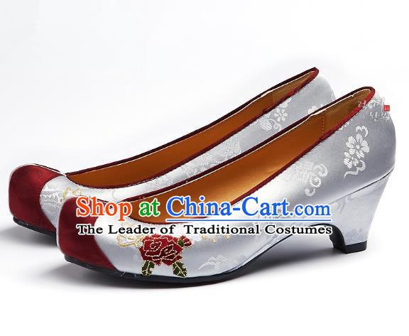 Traditional Korean National Embroidered Shoes, Asian Korean Hanbok Grey Wedding Shoes for Women
