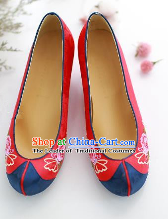 Traditional Korean National Embroidered Shoes, Asian Korean Hanbok Red Wedding Shoes for Women