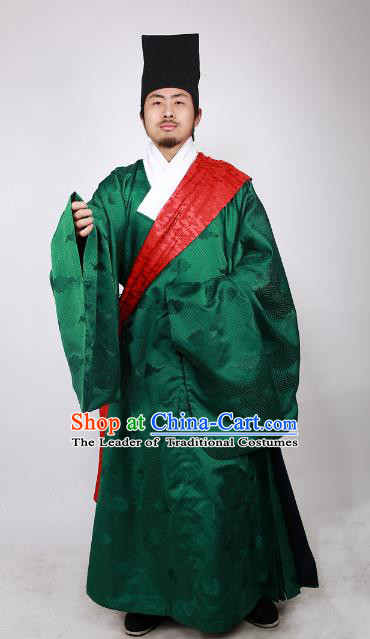 Asian China Ming Dynasty Minister Costume Green Brocade Robe, Traditional Ancient Chinese Chancellor Hanfu Clothing for Men