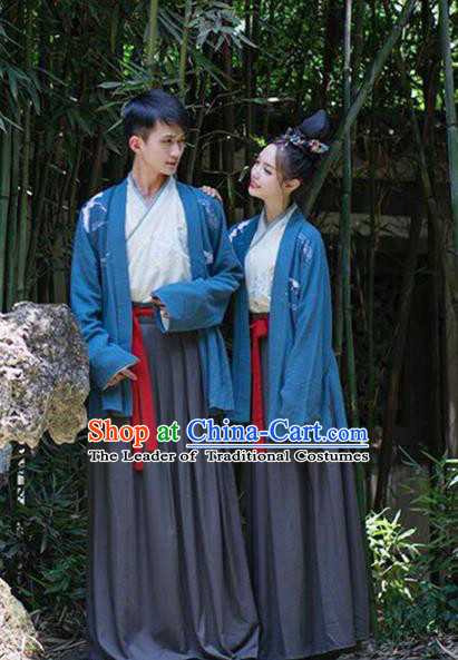 Asian China Han Dynasty Costume Blue BeiZi, Traditional Ancient Chinese Hanfu Embroidered Clothing for Women for Men