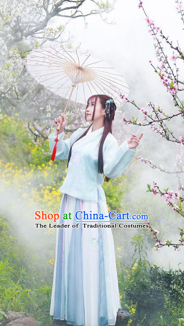 Asian China Ming Dynasty Young Lady Costume, Traditional Ancient Chinese Princess Hanfu Embroidered Blue Blouse and Skirt Clothing for Women