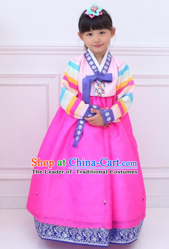 Traditional Korean Handmade Hanbok Embroidered Girls Clothing, Asian Korean Fashion Apparel Hanbok Embroidery Pink Dress Costume for Kids