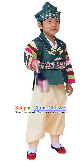 Traditional Korean Handmade Hanbok Embroidered Green Clothing, Asian Korean Apparel Hanbok Embroidery Bridegroom Costume for Kids