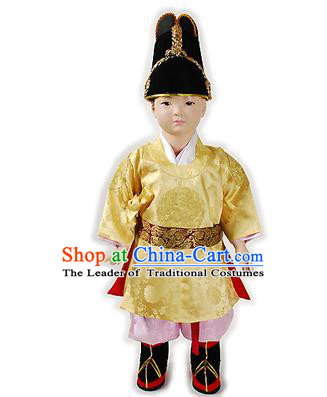 Traditional Korean National Handmade Court Embroidered Costume Boys Emperor Yellow Robe, Asian Korean Hanbok Clothing for Kids