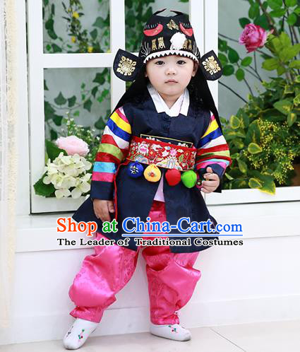 Traditional Korean National Handmade Court Embroidered Prince Costume, Asian Korean Boys Black Hanbok Clothing for Kids