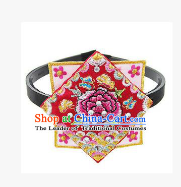 Traditional Korean Hair Accessories Square Embroidered Flowers Red Hair Clasp, Asian Korean Fashion Headwear Headband for Kids