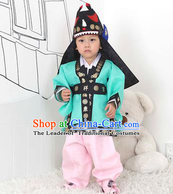 Traditional Korean Handmade Hanbok Embroidered Blue Costume and Hats, Asian Korean Apparel Hanbok Embroidery Clothing for Boys