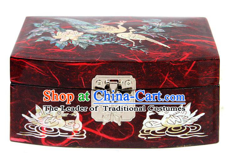 Traditional Korean Craft Handmade Printing Crane Red Shell Cosmetic Container, Asian Korean Wedding Jewellery Box for Women