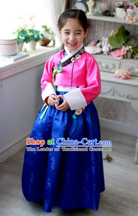 Traditional Korean Handmade Hanbok Embroidered Costume Pink Blouse and Blue Dress, Asian Korean Apparel Hanbok Clothing for Girls