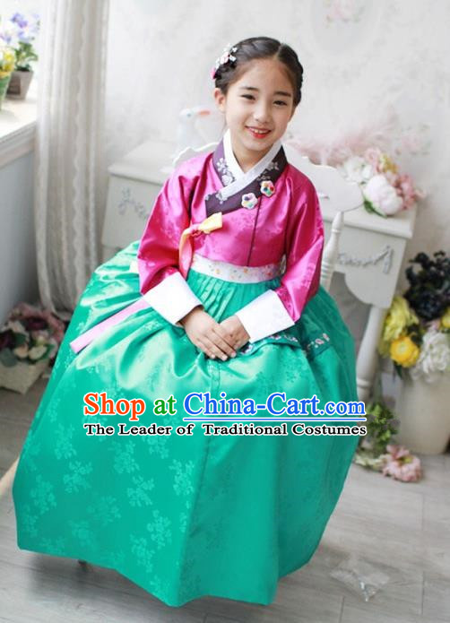 Traditional Korean Handmade Hanbok Embroidered Costume Pink Blouse and Green Dress, Asian Korean Apparel Hanbok Clothing for Girls