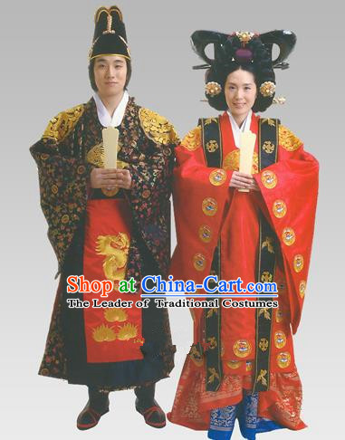Traditional Korean Handmade Formal Occasions Palace Wedding Costume Complete Set, Asian Korean Apparel Bride and Bridegroom Hanbok Clothing