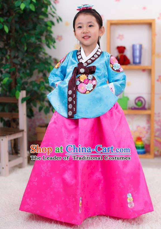 Traditional Korean Handmade Formal Occasions Embroidered Girls Wedding Costume, Asian Korean Apparel Palace Hanbok Pink Dress Clothing for Kids