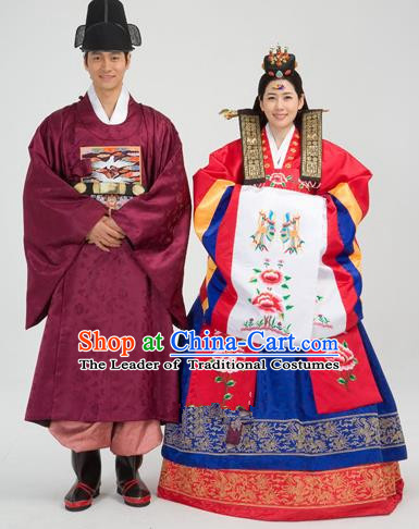 Traditional Korean Handmade Formal Occasions Embroidered Palace Wedding Couple Hanbok Complete Set