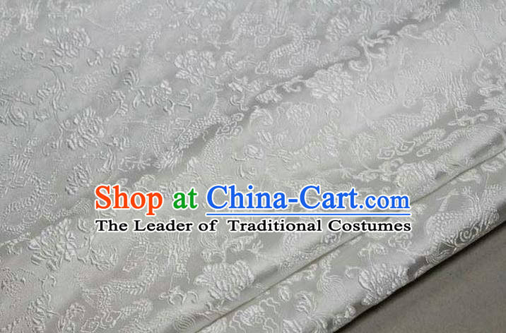 Chinese Traditional Royal Palace Dragons Pattern Tang Suit White Brocade Fabric, Chinese Ancient Costume Satin Hanfu Mongolian Robe Material