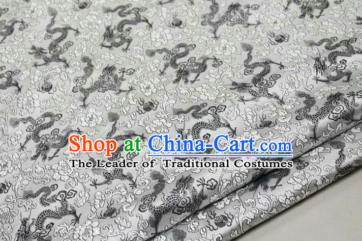 Chinese Traditional Royal Palace Black Dragons Pattern Tang Suit White Brocade Fabric, Chinese Ancient Costume Satin Hanfu Mongolian Robe Material